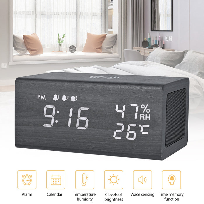 Réveil digital haut-parleur Bluetooth température humidité bois 15.5x9 CM