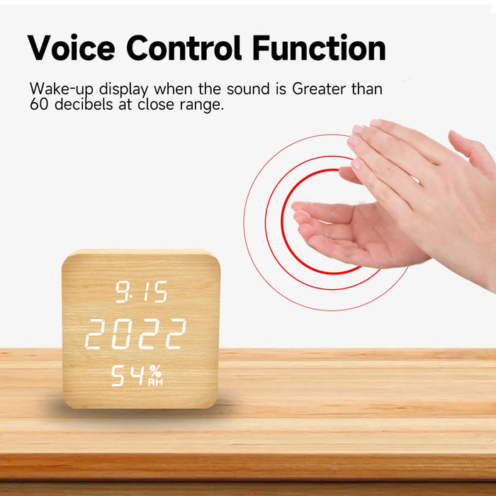 Réveil en bois commande vocale digitale LED USB 10x10 CM