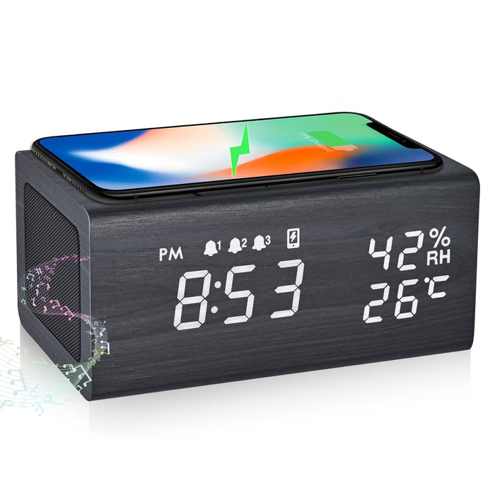 Réveil digital haut-parleur Bluetooth température humidité bois 15.5x9 CM